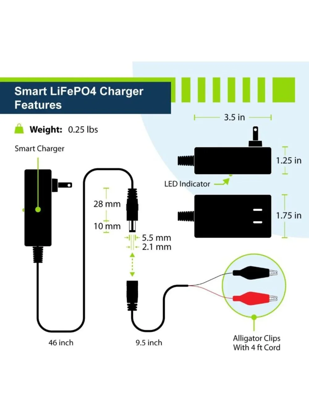 Smart 12V 1A Lithium Charger for Deep Cycle Batteries | DC 5521 & Alligator